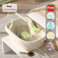 Light pink and beige plastic shampoo basin sets for bed use, showing adjustable neck pillow, water pump, and massage brush.
