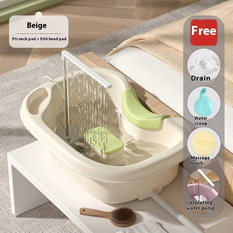 Light pink and beige plastic shampoo basin sets for bed use, showing adjustable neck pillow, water pump, and massage brush.