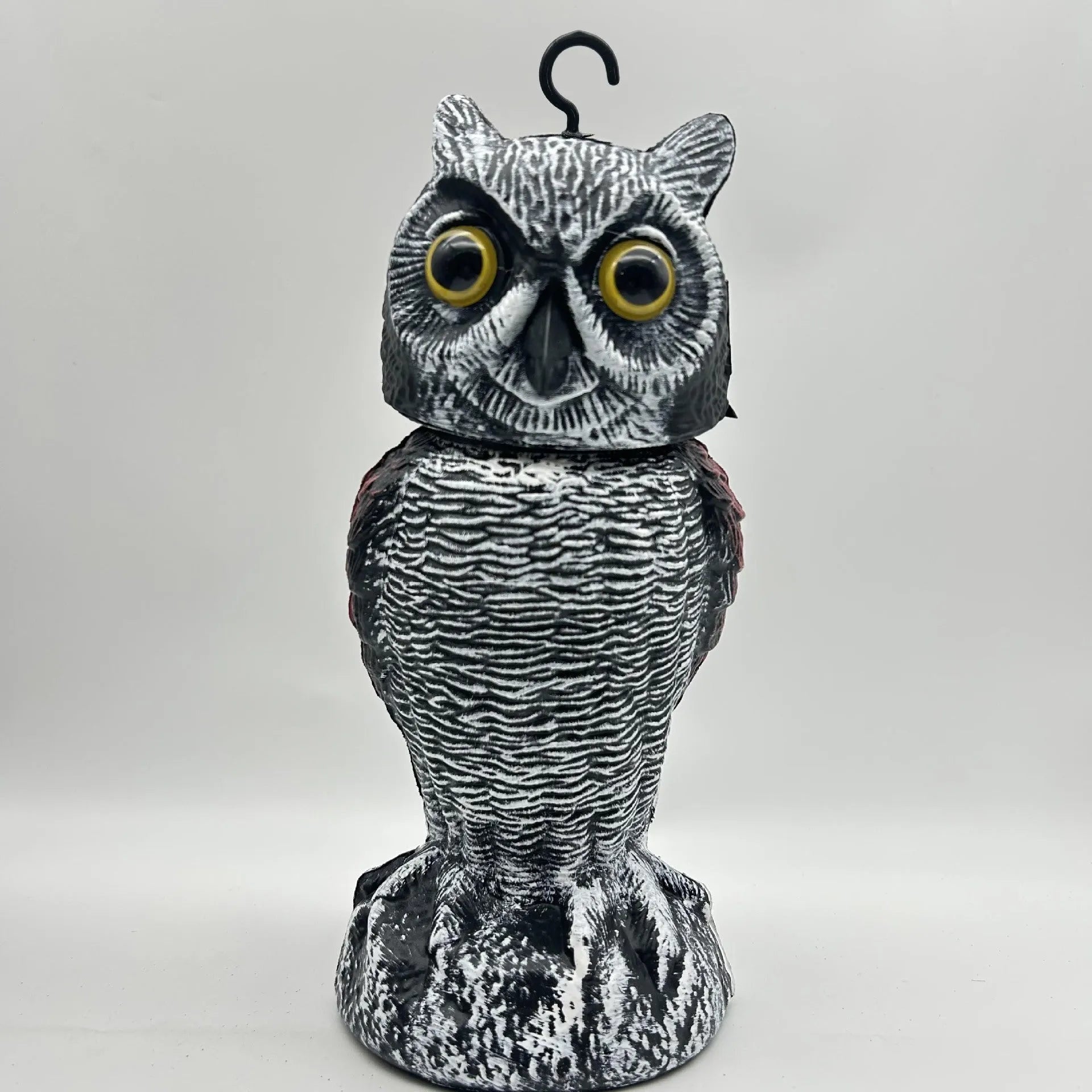 Artificial plastic owl bird scare ornament with moveable head for outdoor garden pest control