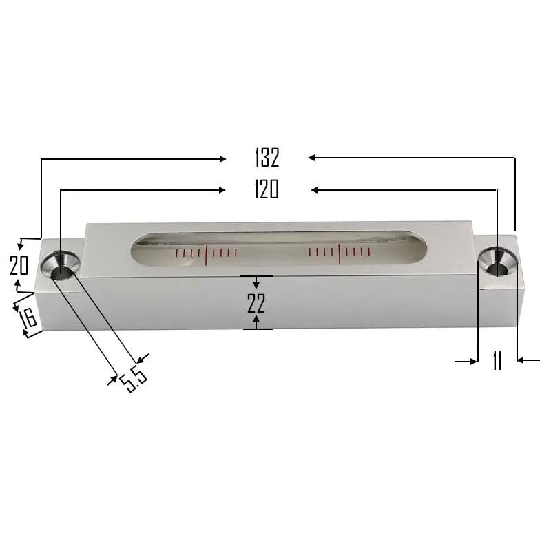 Mini metal and glass strip spirit level showing 132mm length with clear vial containing 500 blisters
