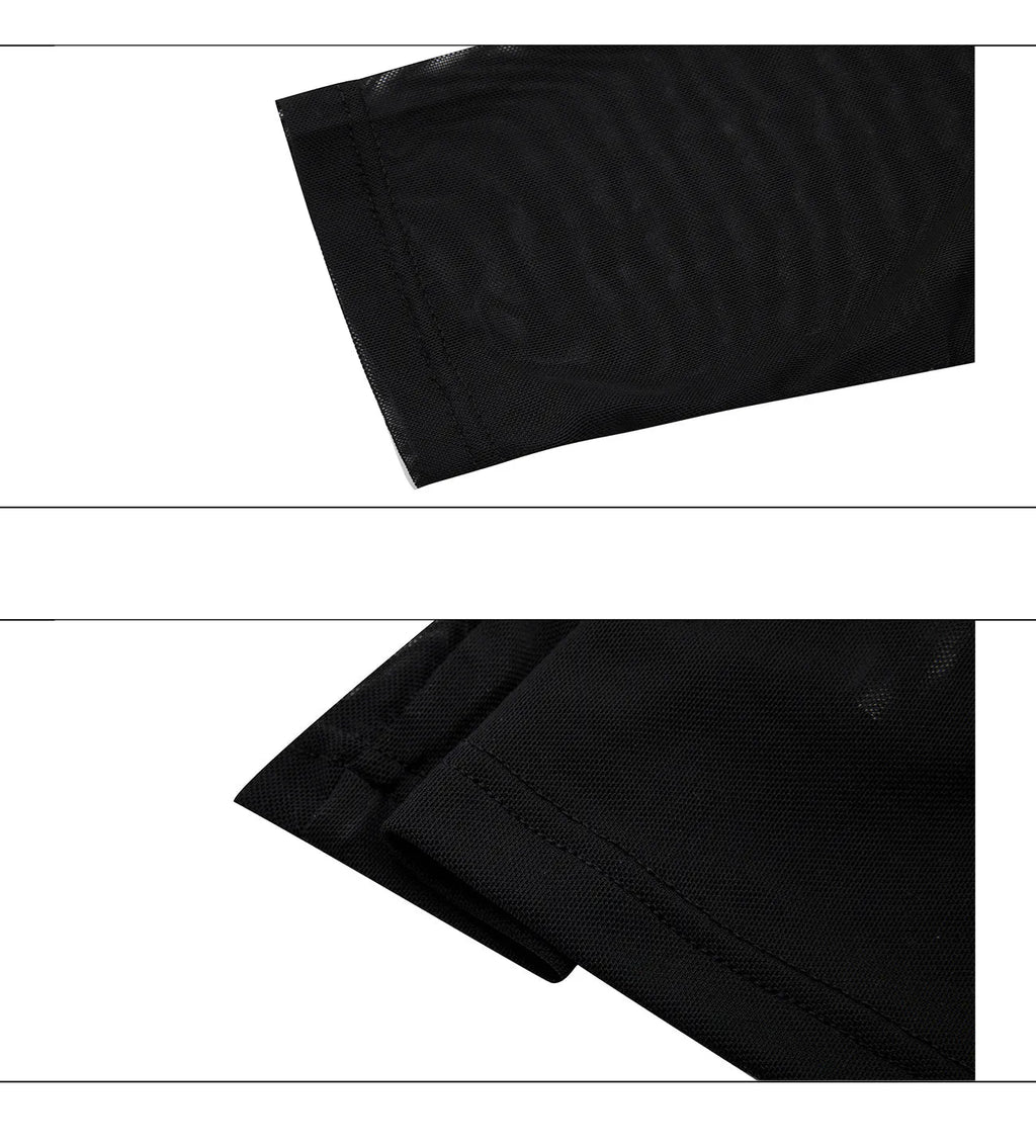 Men's black slim-fit mesh long-sleeve bottoming shirt laid flat, showing texture.