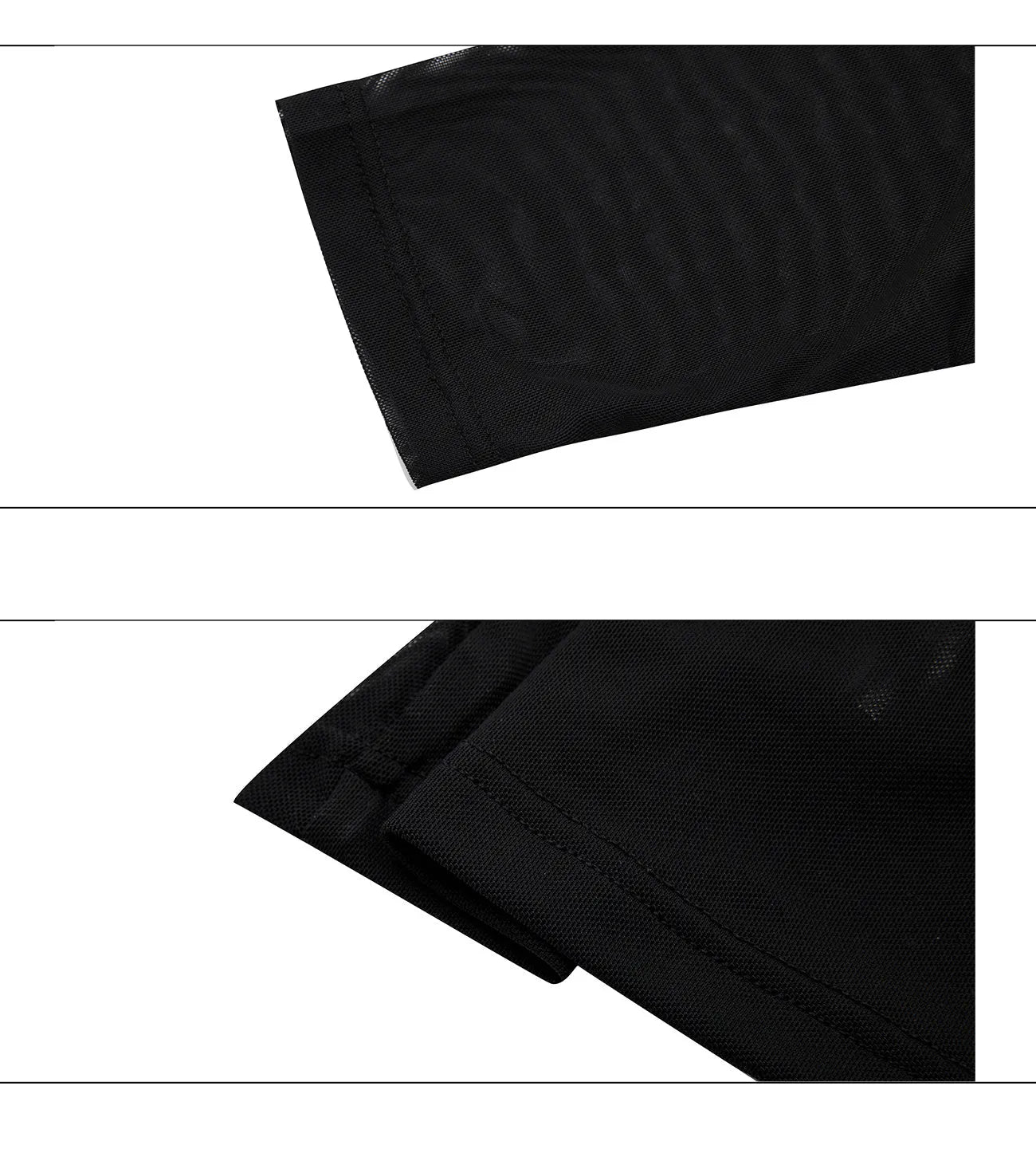 Men's black slim-fit mesh long-sleeve bottoming shirt laid flat, showing texture.