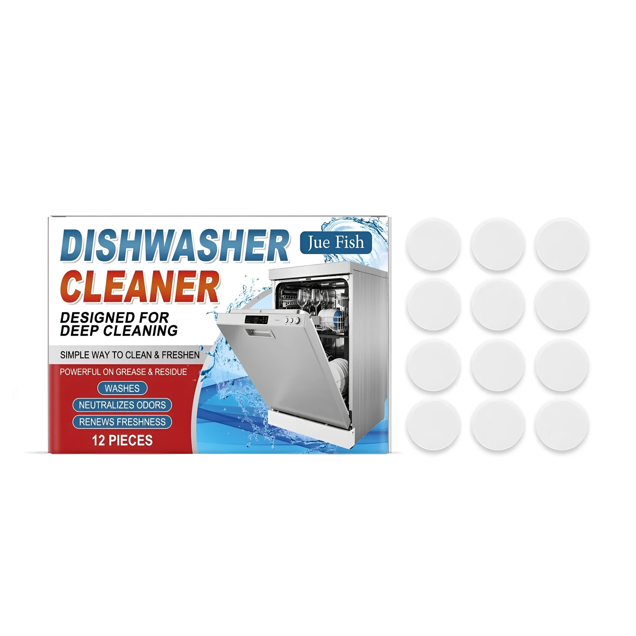 Pack of 12 household dishwasher cleaning tablets on a white background.