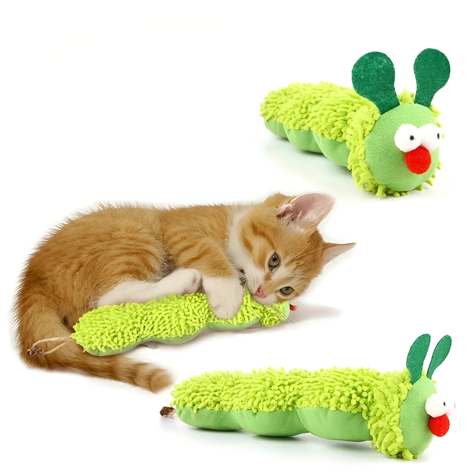 Green interactive plush cat toy with sports ball and fishing rod design