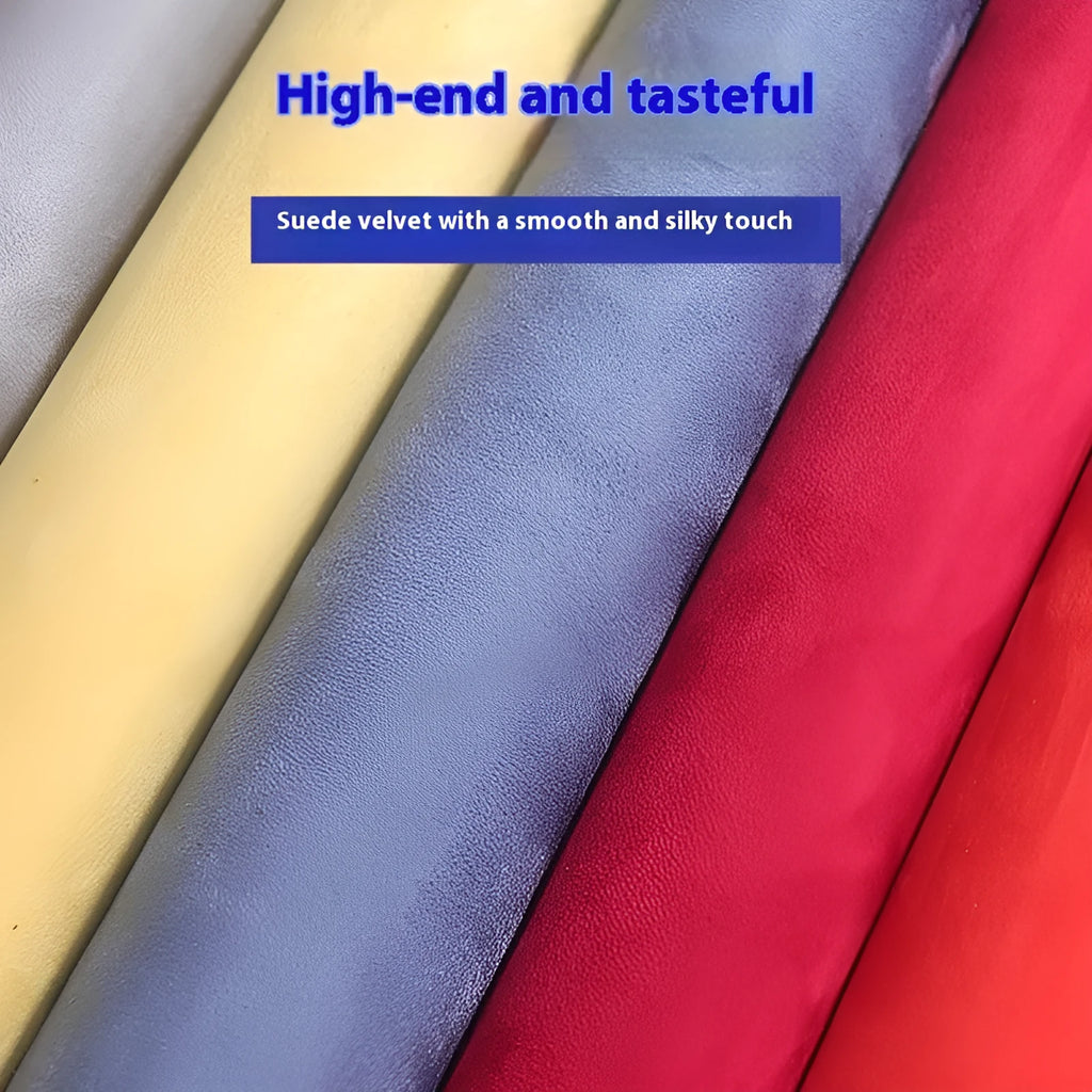 Self-adhesive leather suede sheet roll in multiple colour swatches showing black, brown, blue, and red.
