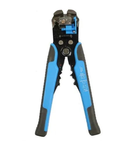 Yellow automatic wire stripper tool with crimping jaws and cutting blade