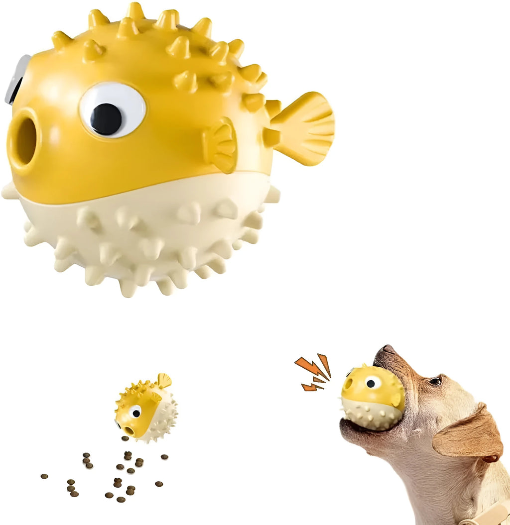 Fish-shaped interactive dog toy with treat dispensing opening and textured surface for medium and large dogs