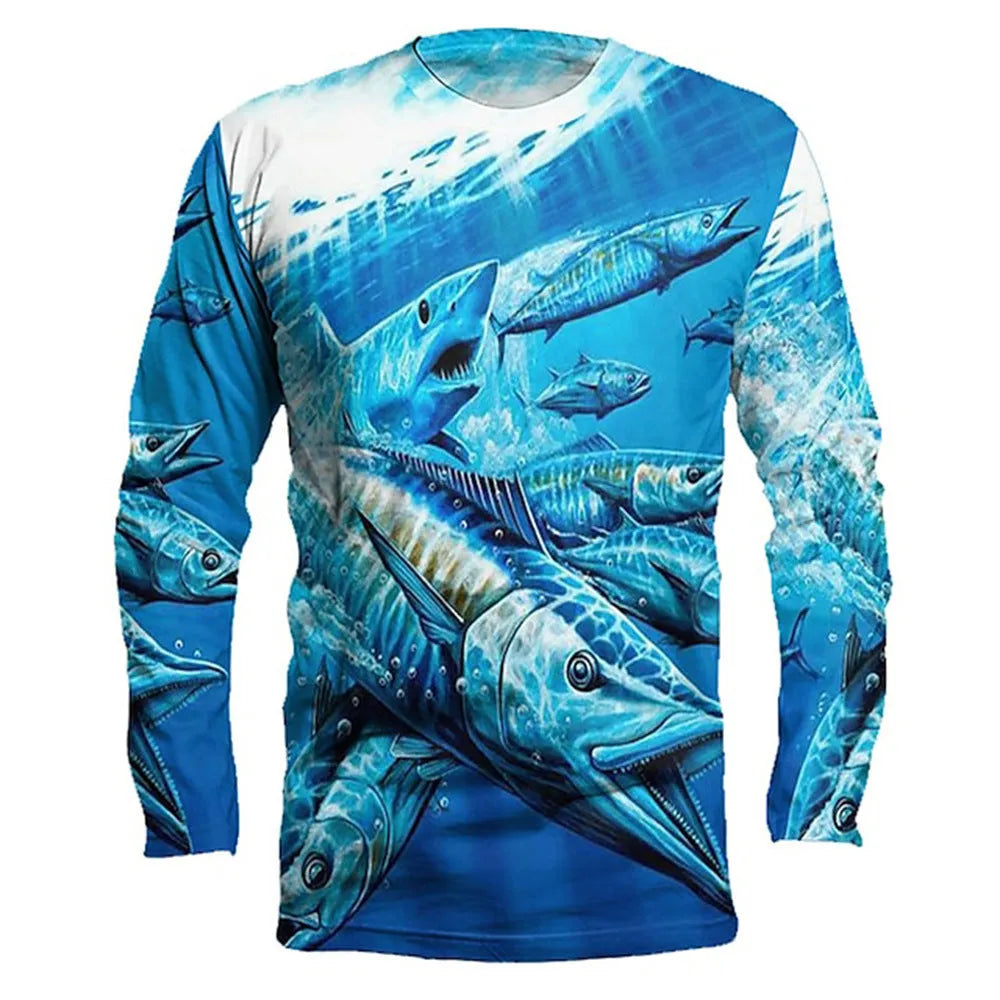 Men's grey pullover with a colourful fish pattern print on the front, showing round neck and long sleeves.