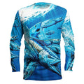Men's grey pullover with a colourful fish pattern print on the front, showing round neck and long sleeves.