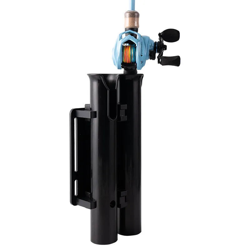 Plastic fishing rod rack with carbon finish mounted on a bicycle handlebar