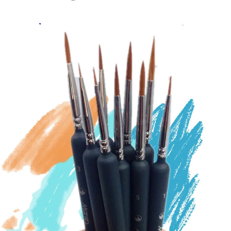 Set of ten black wolf hair hook liner brushes with wooden handles and steel ferrules arranged by size
