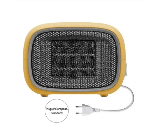 Green mini ceramic heater with compact design showing dimensions and ventilation grille