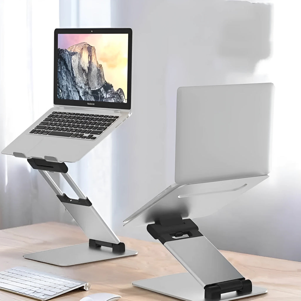 Silver folding double-arm stepless laptop stand for 17 inch notebooks on a desk