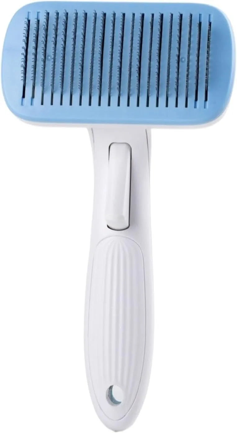 Automatic pet hair removal comb in blue colour with one-click operation for dog and cat grooming