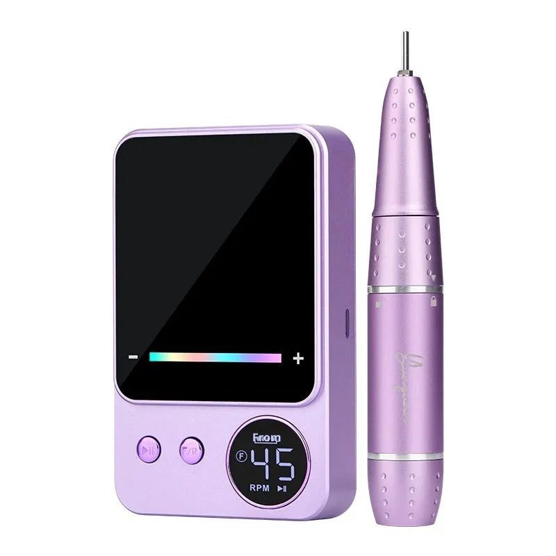 Rechargeable electric nail buffing machine with USB charging in dark gray and purple colours, standard and family versions