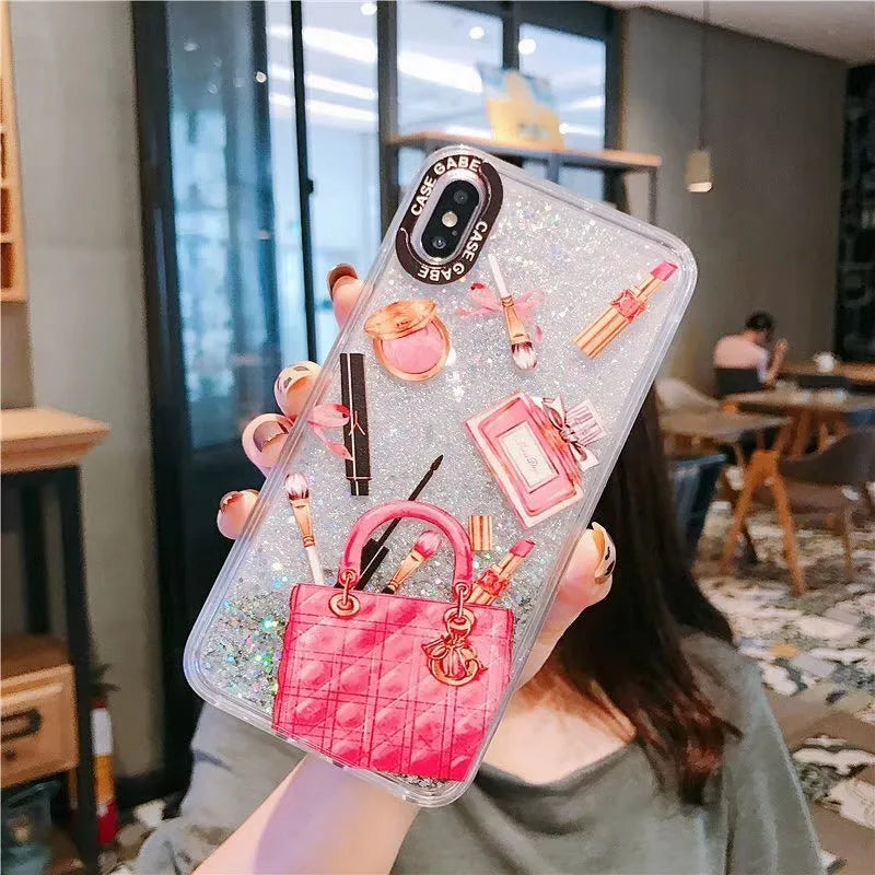 Pink cosmetic liquid quicksand phone case for iPhone XR with dynamic glitter effect