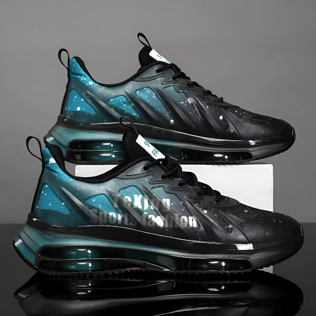 Men's heightened mesh running shoes with platform sole in black green colour