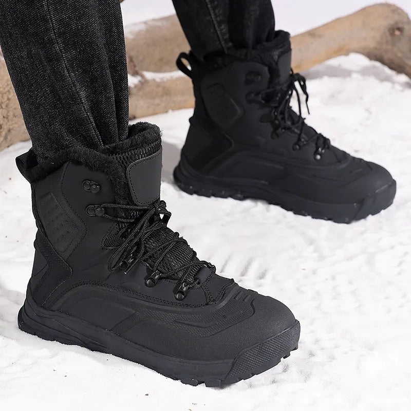 Men's black high-top fleece-lined boots with lace-up front and ribbed TPR sole.