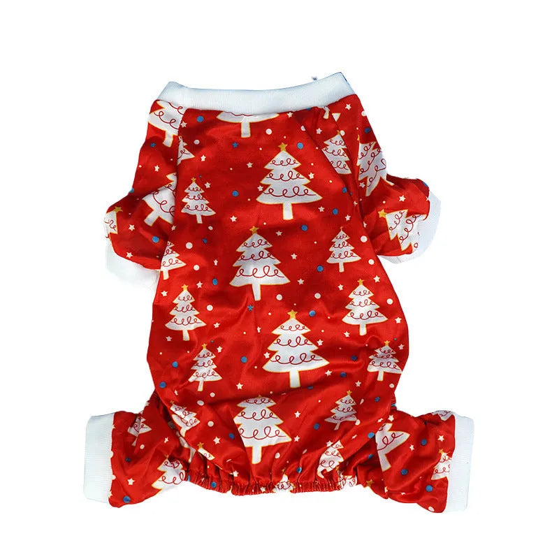 Polyester dog Christmas clothes in red green with Santa Claus and tree designs