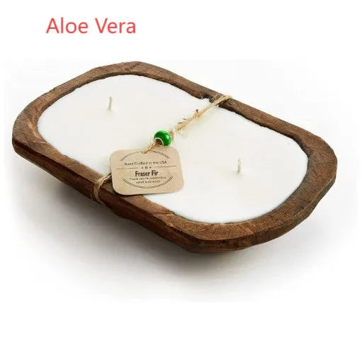 Retro-style lavender aromatherapy candle in a wooden basin made from soy wax.