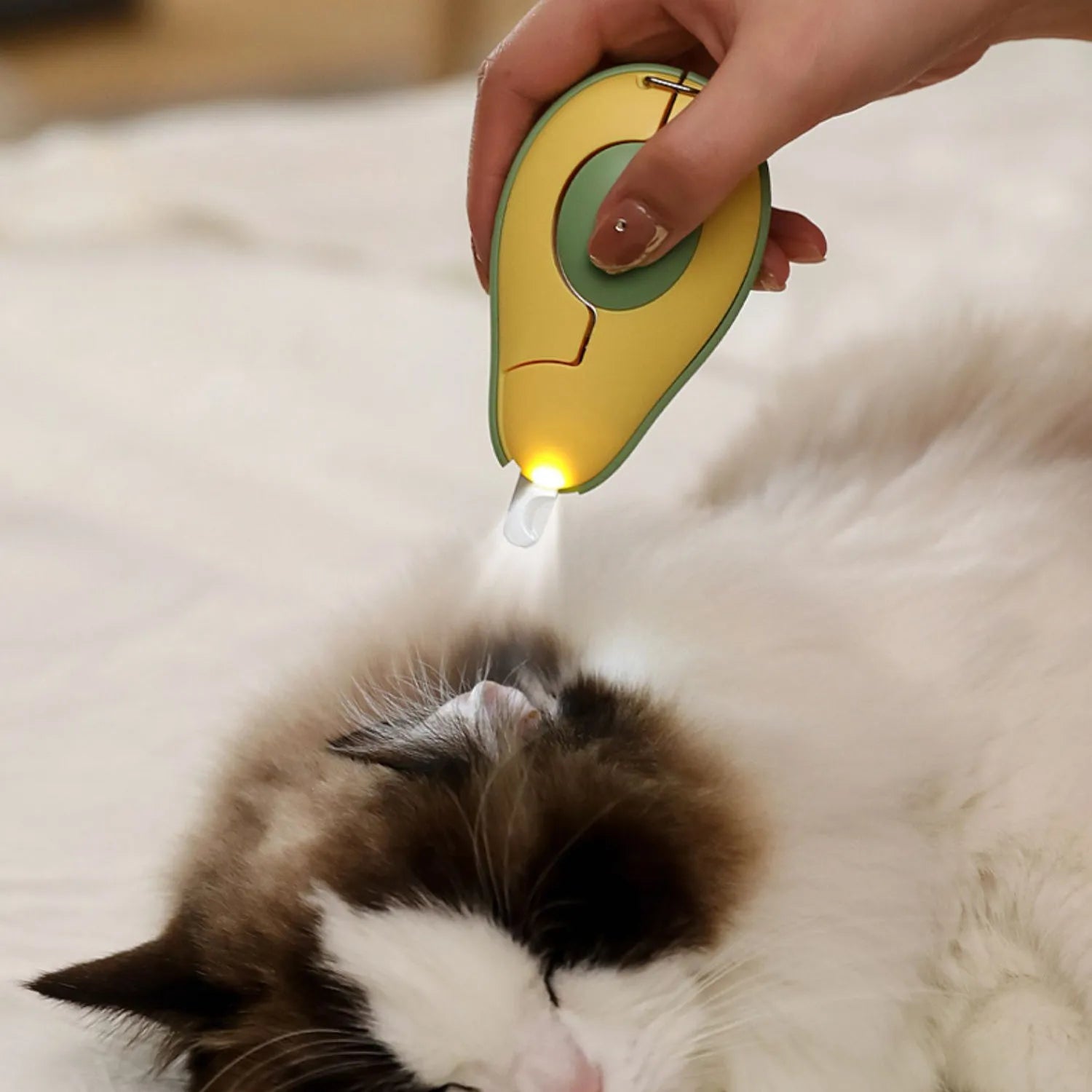 Professional LED pet nail clipper for small dogs and cats in green, pink, and white.