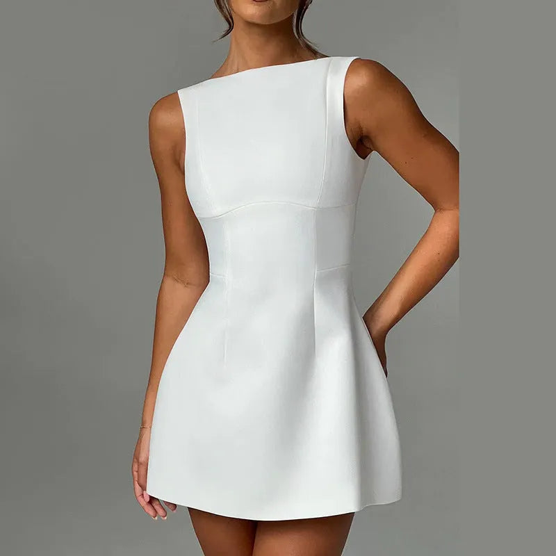 Slim-fitting black backless sleeveless summer dress with a high waist and short skirt.
