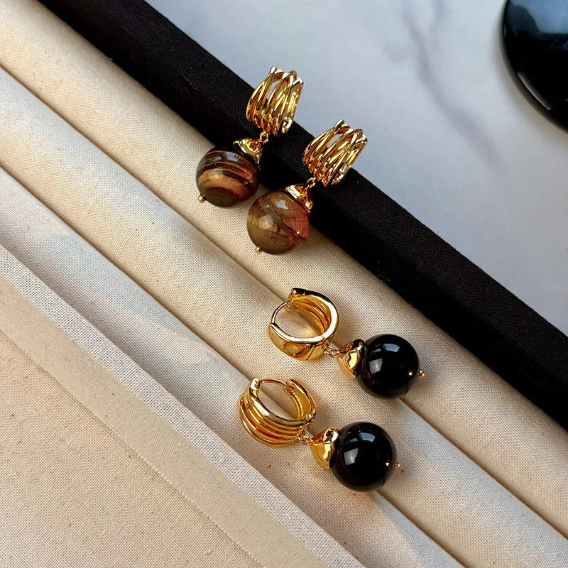 Tigereye geometric earrings with real gold plating in French retro style, available in brown and black colours