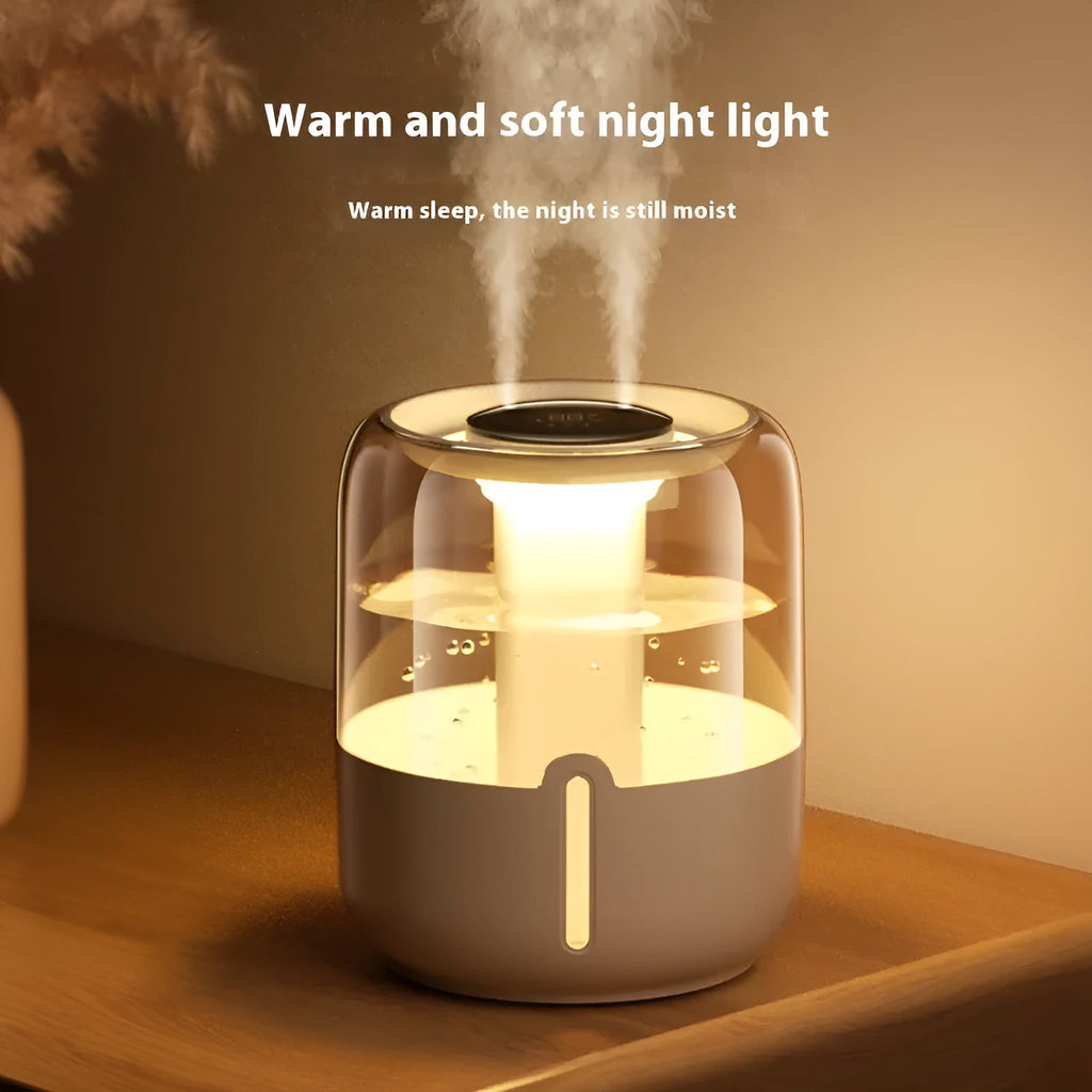 Beige round large capacity USB humidifier with dual spray nozzles and display.