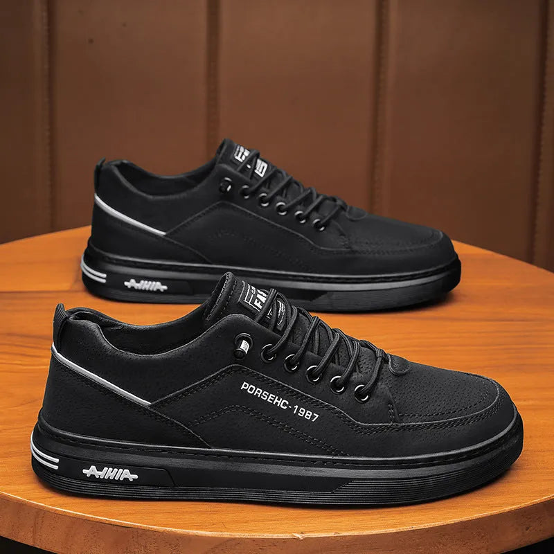 Men's black waterproof casual work shoes with non-slip rubber soles for construction site wear