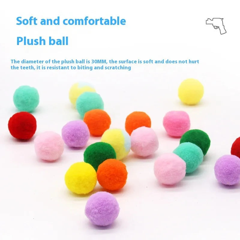Plush ball launcher dog toy with soft pom-pom balls for indoor fetch games