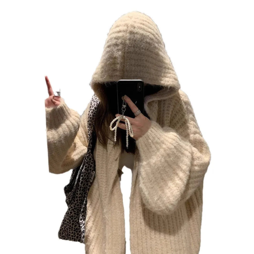 Women's loose fit hooded cardigan in thick acrylic fabric, shown in brown, dark grey, and milky white colour options