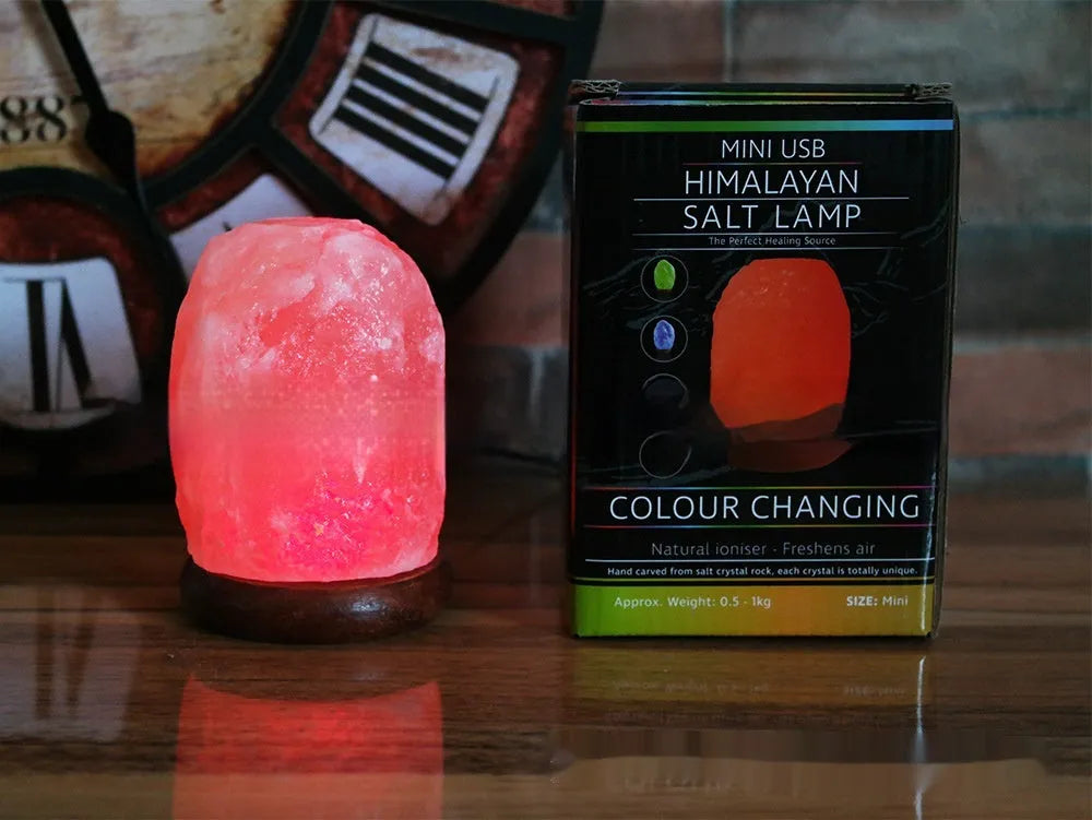 Natural crystal salt USB night lamp with colour-changing and warm white LED modes, pink and white options
