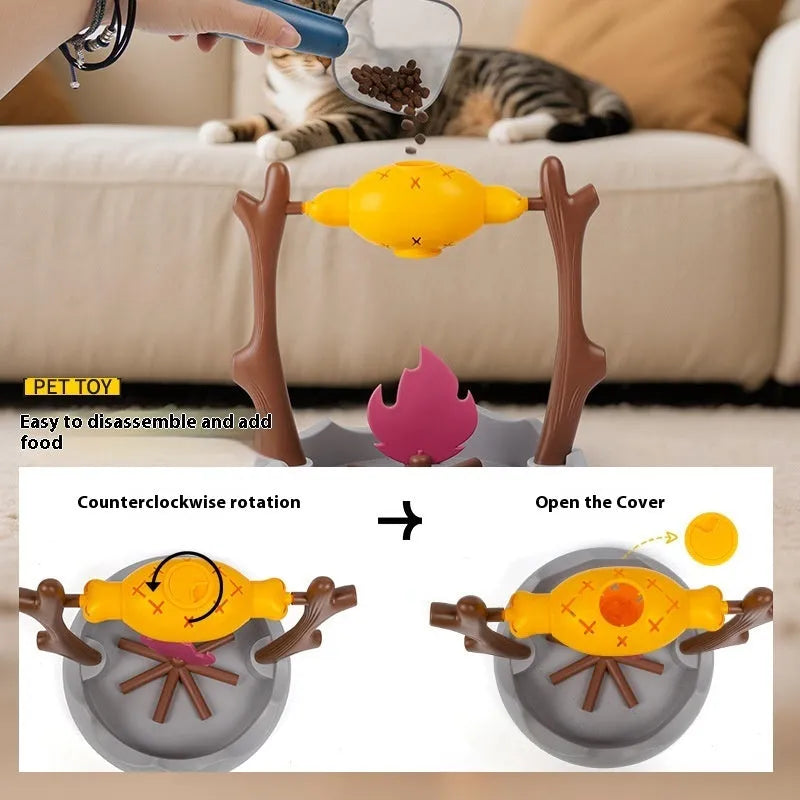 Barbecue-style tumbling cat food feeder toy measuring 30x30x29cm with interactive leakage design