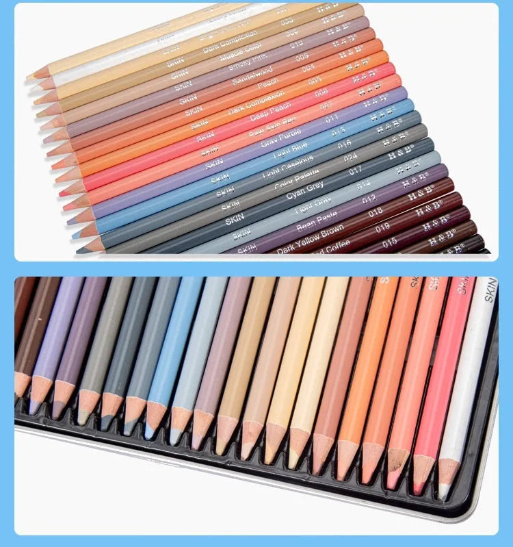 Set of 24 skin tone colour pencils in a round iron art case for portrait drawing.
