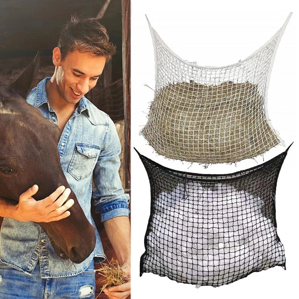 Black woven PE rope hanging feeding bag for horses with grid design