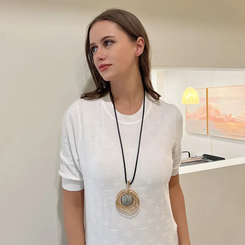 Women's geometric plaid pattern sweater chain necklace with adjustable snakeskin wax rope chain