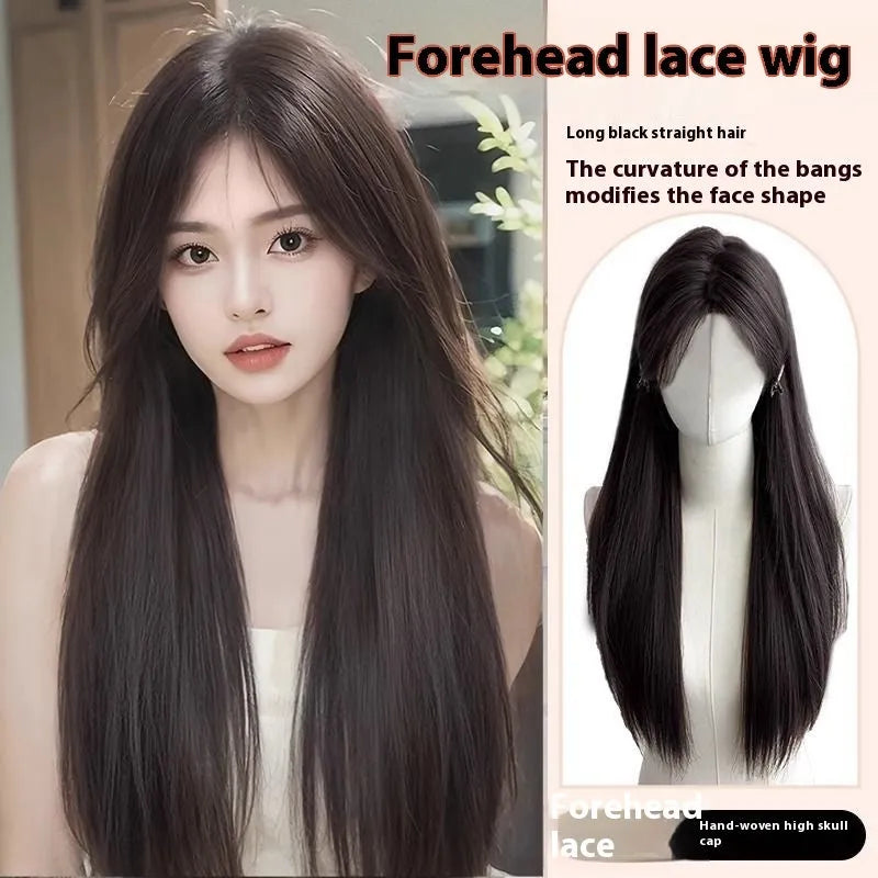 Long straight black wig with forehead lace and side bangs made from high temperature fibre.