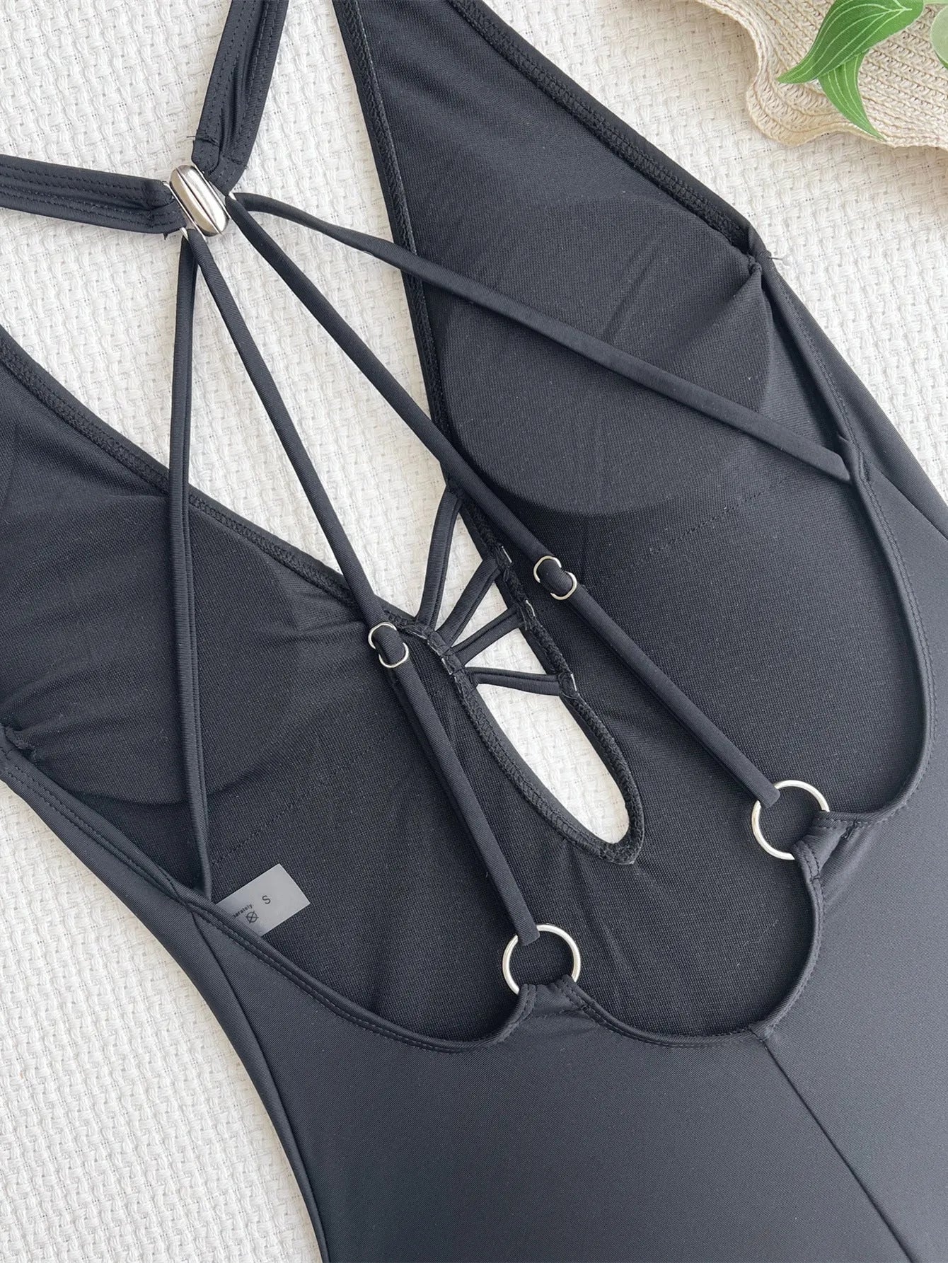 Black ladies one-piece bikini swimsuit made from nylon fabric
