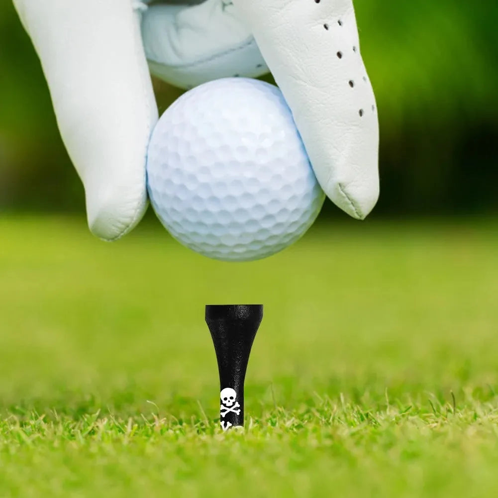 Black bamboo golf tees with skull print design showing 70mm and 83mm lengths
