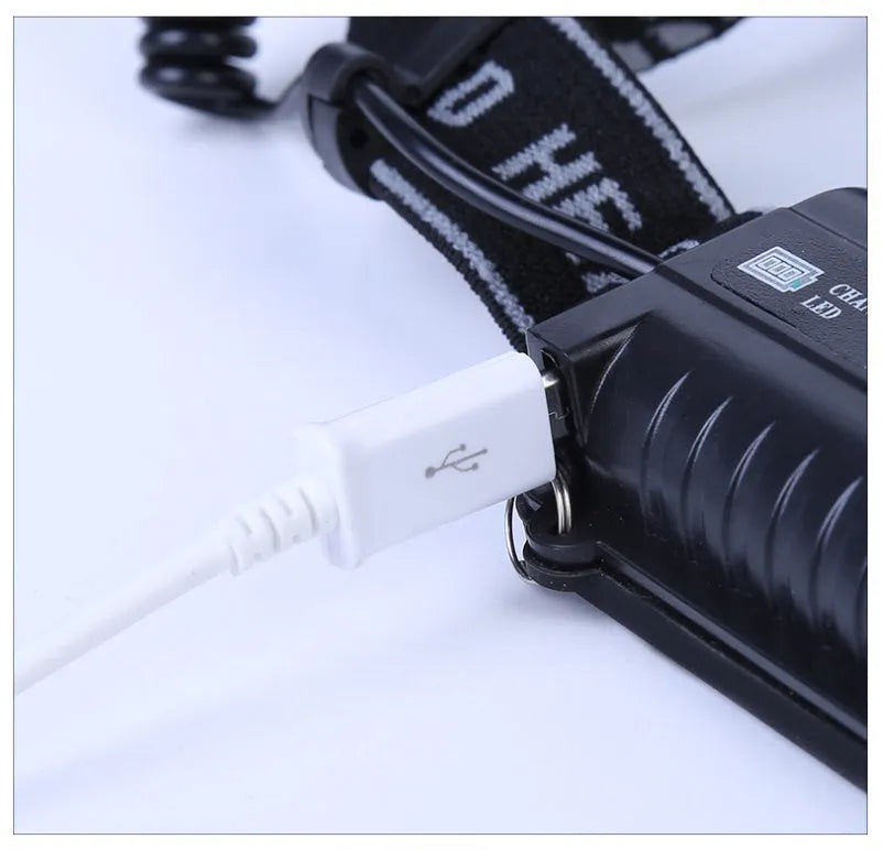 Head-mounted camping light with LED beam showing waterproof construction and rechargeable battery