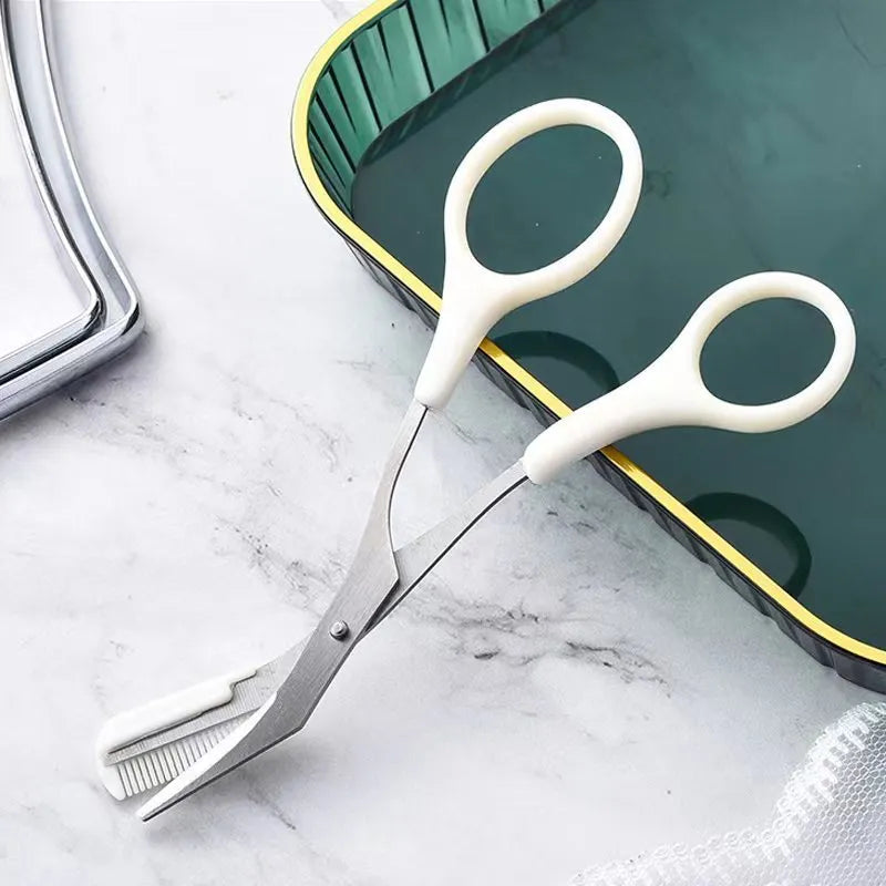 Curved moon eyebrow trimming knife with comb in white and pink colour options
