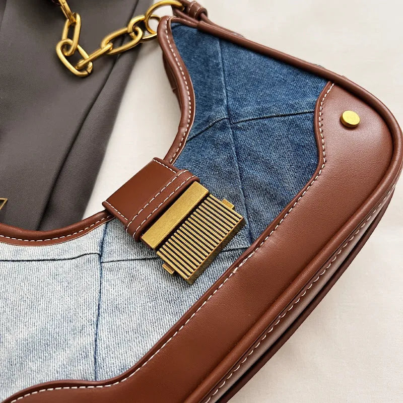 Brown denim women's shoulder bag with diamond mesh pattern and chain strap details
