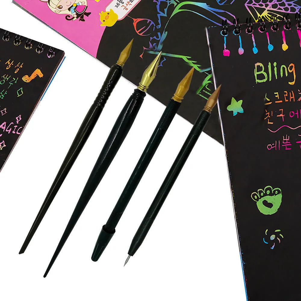 Scratch art pen with PS plastic body and metal tip for drawing on scratch paper