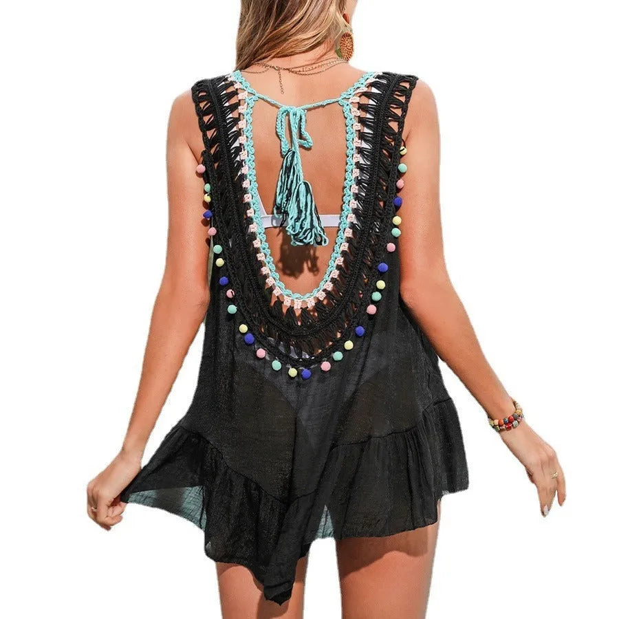 Black hand crocheted beach cover-up vest with cut-out ruffled detailing