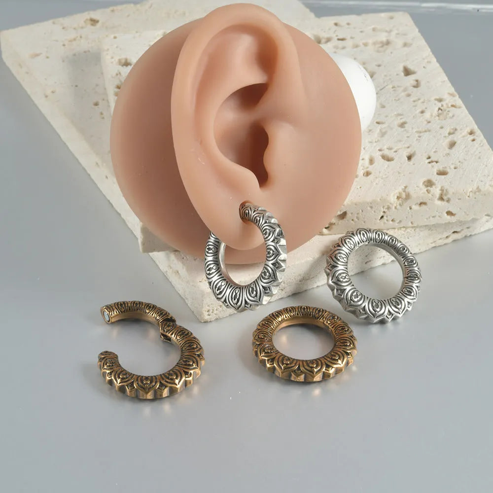 Retro geometric copper auricle earrings with antique silver dragon finish