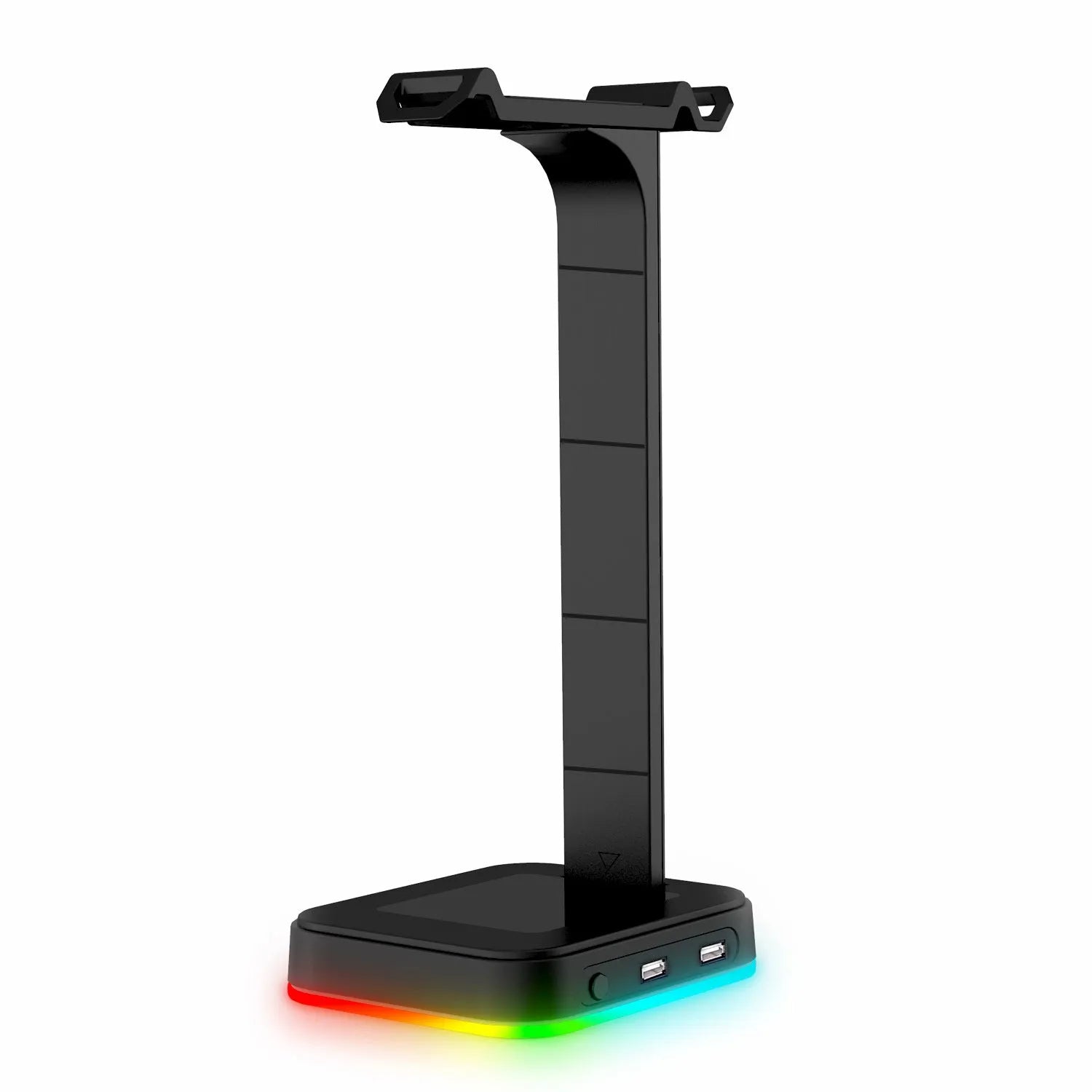 RGB colour-changing headphone display bracket with integrated dual USB ports on a desk.