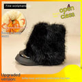 Women's black artificial plush snow boots with fleece lining and waterproof platform sole
