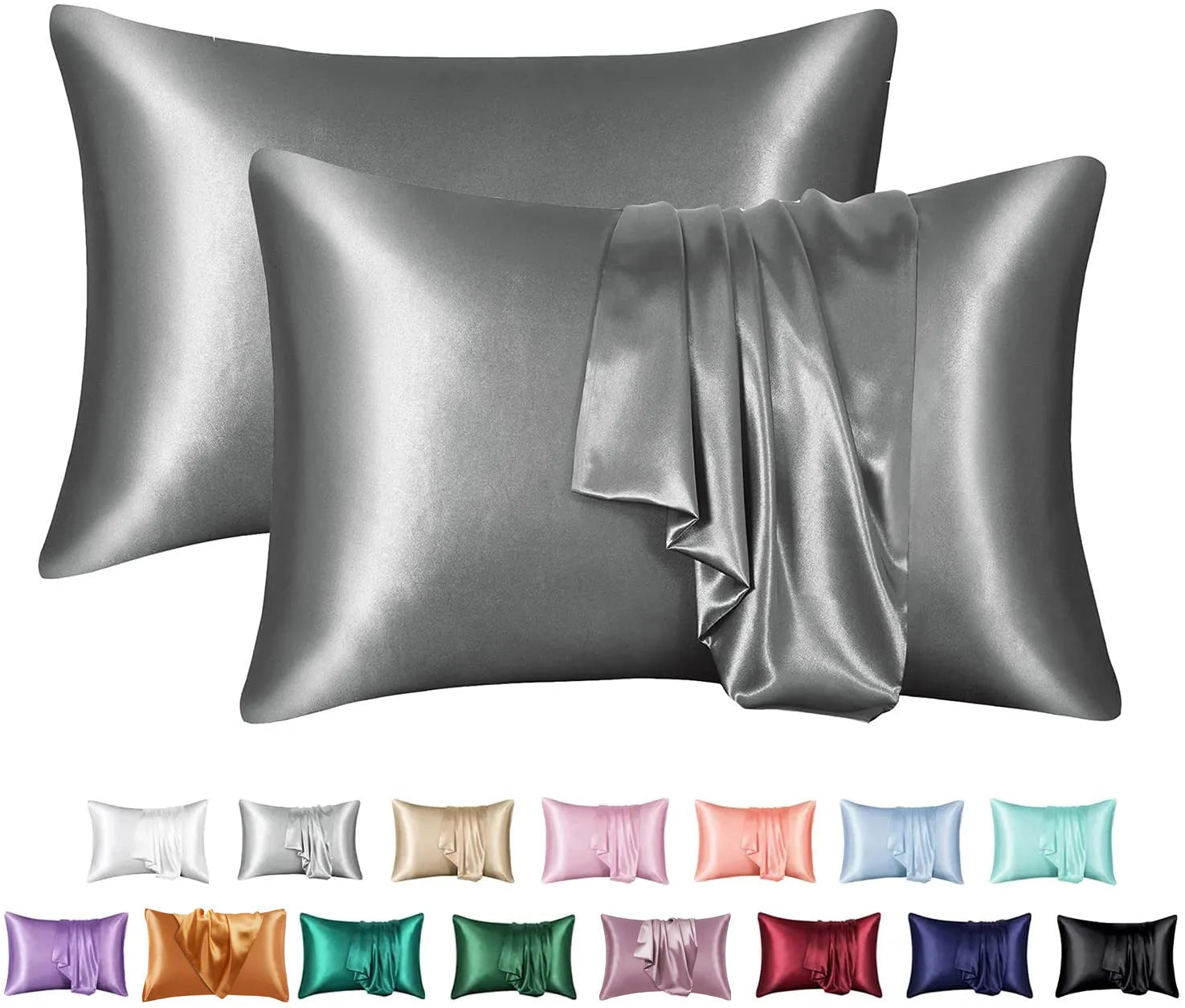 Dark blue polyester satin pillowcase with envelope closure on a bed with white sheets