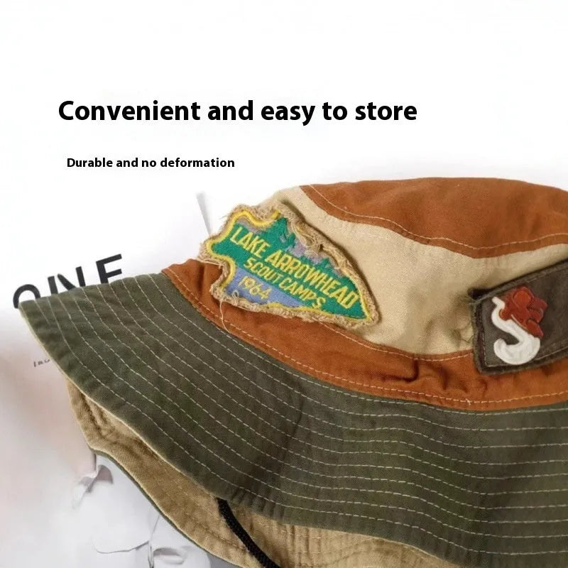 Women's army green cotton fisherman hat with patchwork design and flat top crown