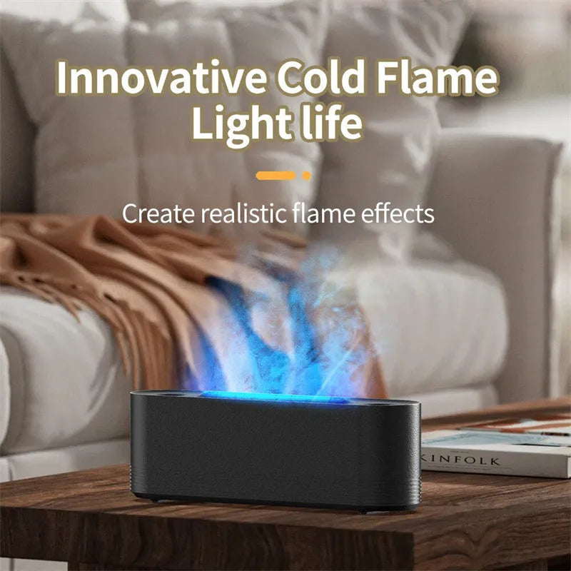 Black ultrasonic humidifier diffuser with coloured flame LED light and mist spray